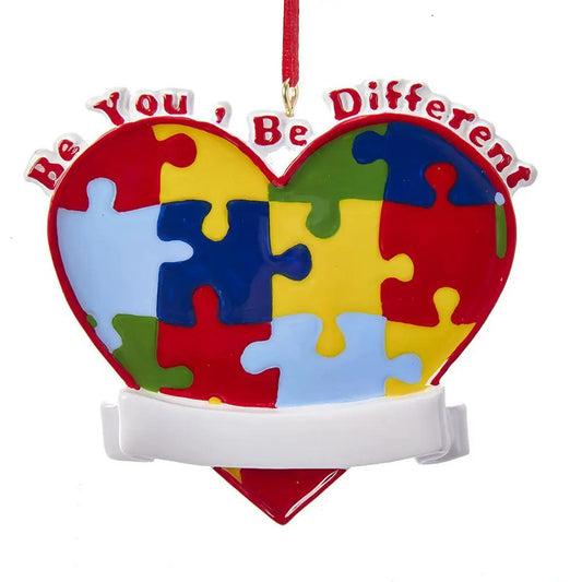 Autism Awareness Ornament Be You Be Different heart-shaped multicolor puzzle-piece design on Tampa Home & Garden Store