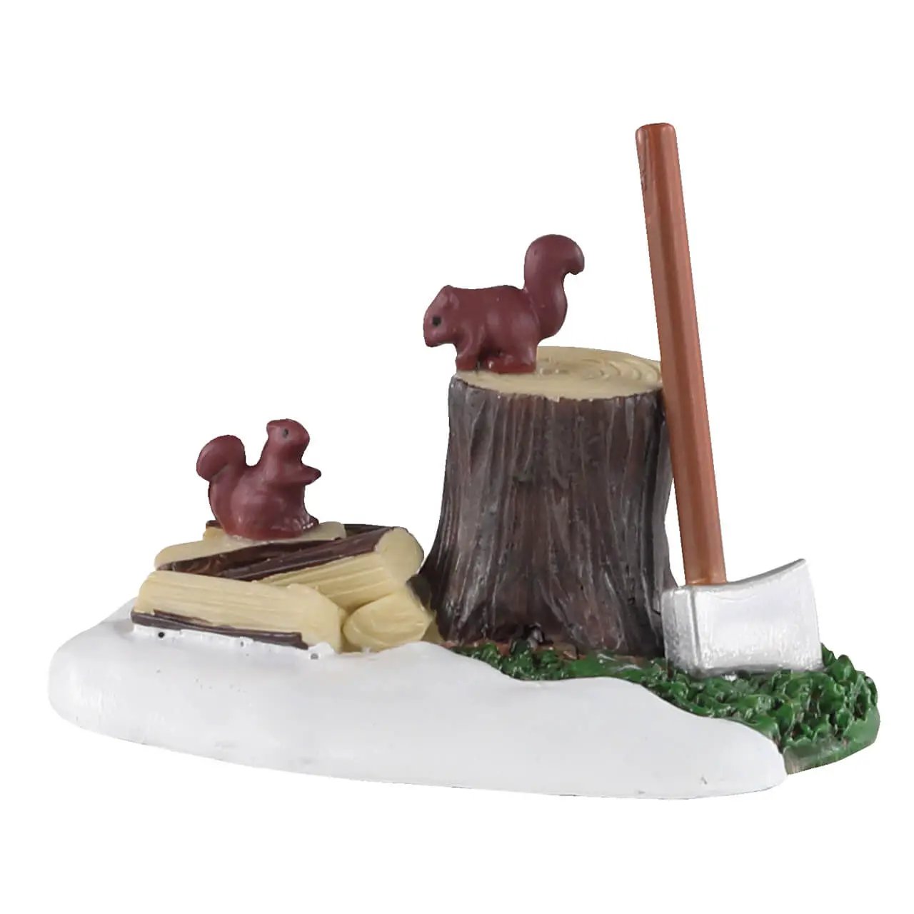 Axe, Tree Stump and Squirrels figurine; two squirrels on a stump with an axe, snowy base on Tampa Home & Garden Store