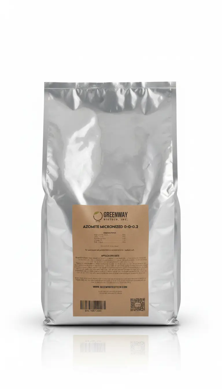 Azomite micronized powder fertilizer bag by Greenway Biotech, silver packaging on Tampa Home & Garden Store
