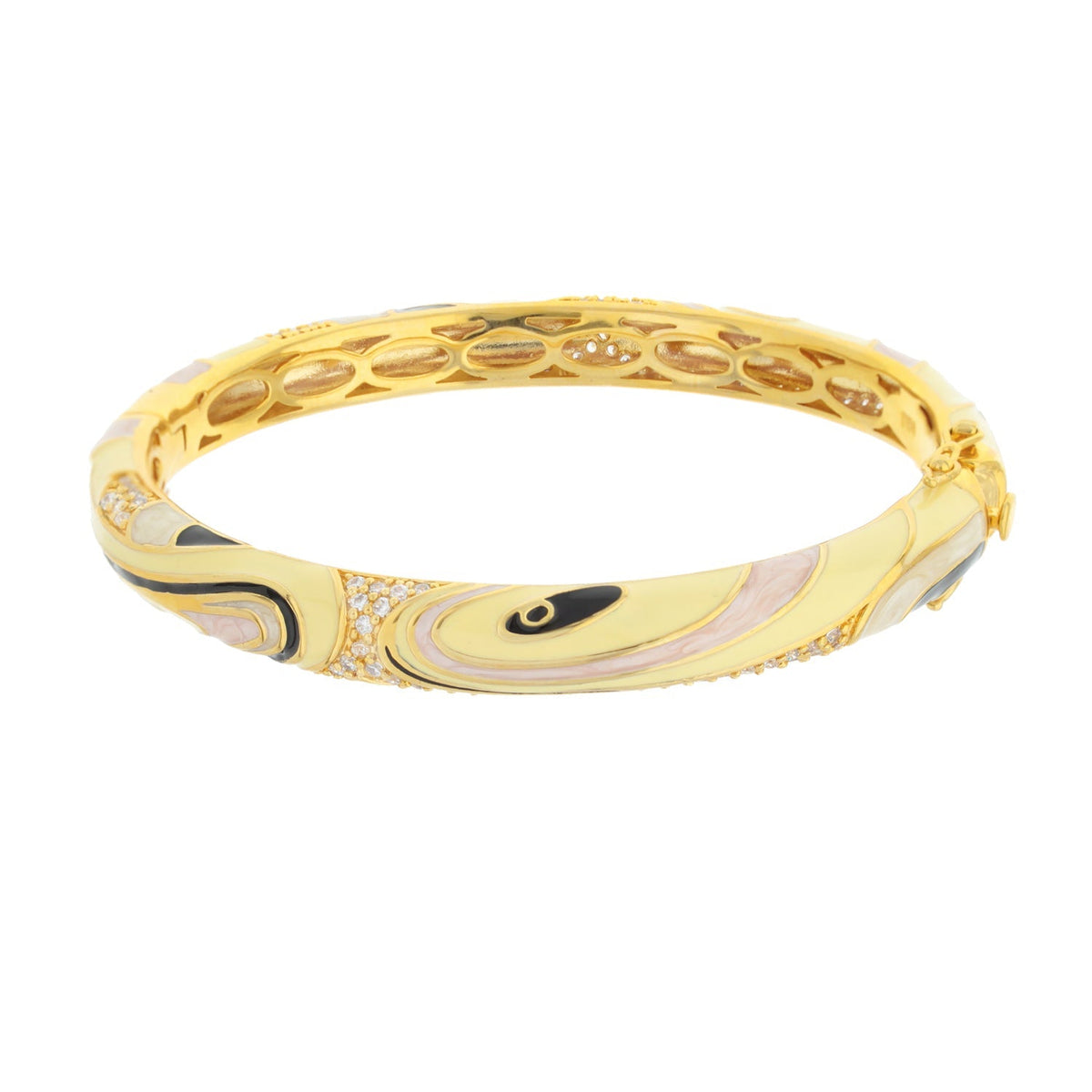 Signature Swirl Bangle gold-tone hinged bracelet with enamel swirls and pave diamonds on Tampa Home & Garden Store