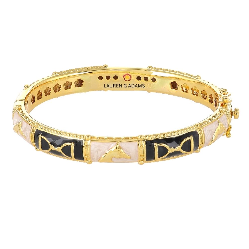 Equestrian Bangle Coral Stirrup bracelet by Lauren G Adams, hinged gold-tone with black enamel on Tampa Home & Garden Store