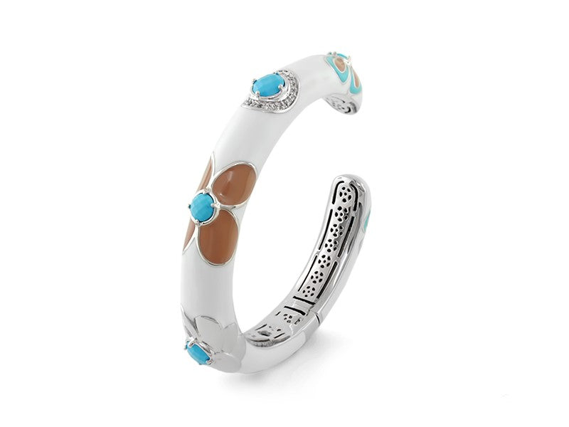 Falling Flowers bangle silver hinged bracelet with turquoise stones and brown enamel petals on Tampa Home & Garden Store