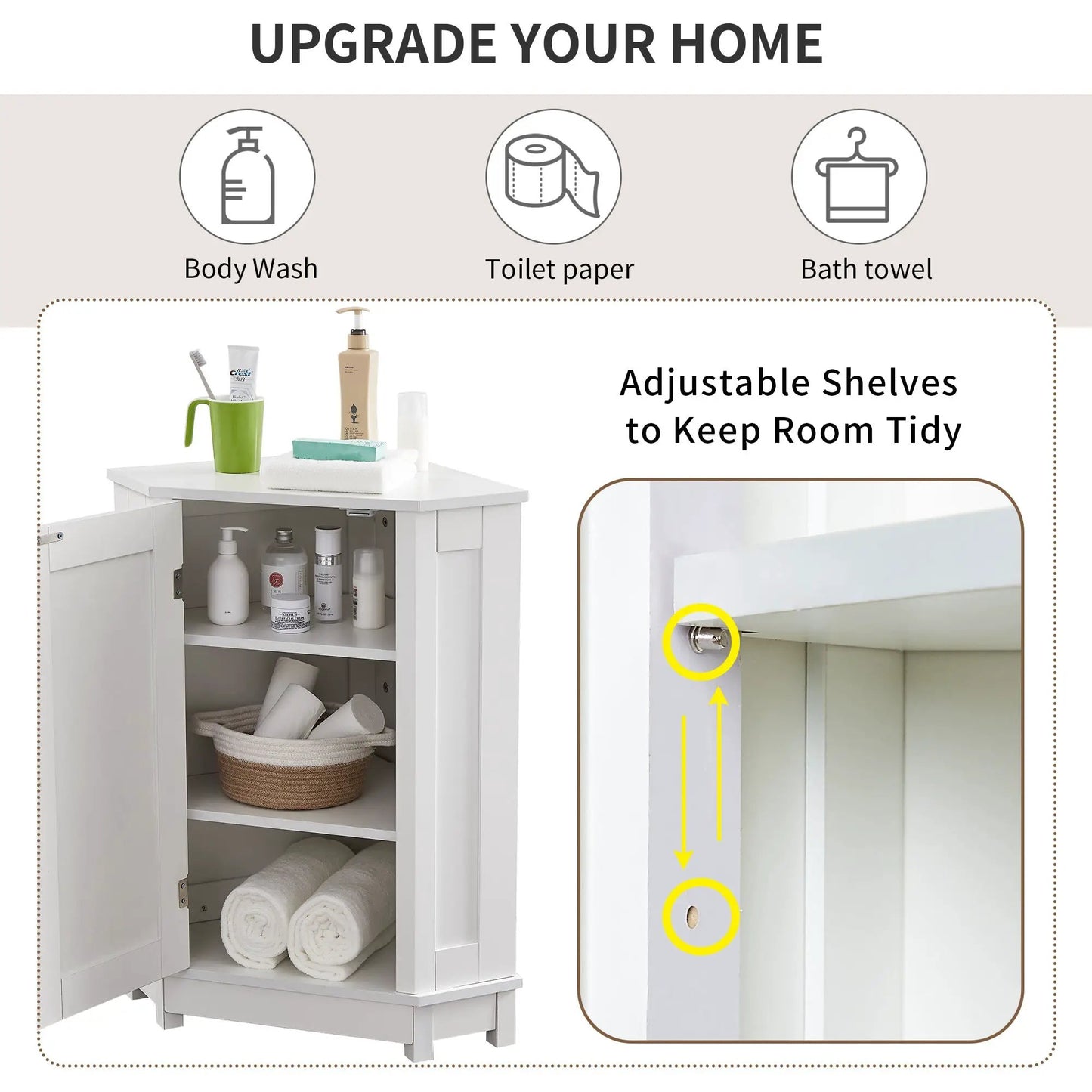 White triangle corner bathroom cabinet with shelf shows towels and bath products on Tampa Home & Garden Store
