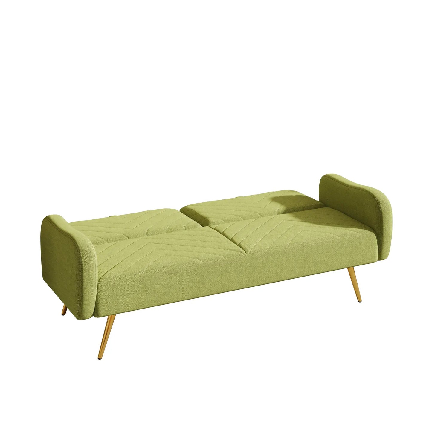 Green fabric sofa with split backrest and two pillows, wooden legs on Tampa Home & Garden Store