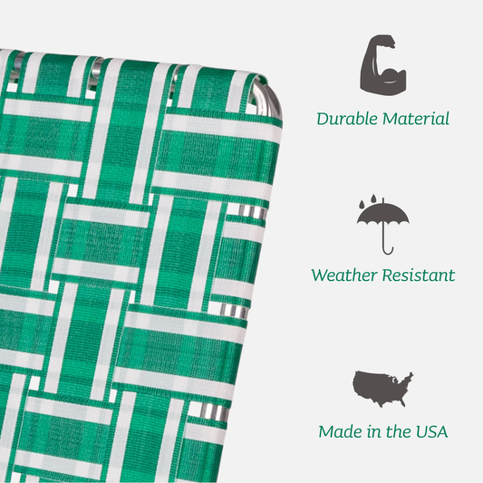 Folding lawn chair with green and white striped fabric and metal frame on Tampa Home & Garden Store