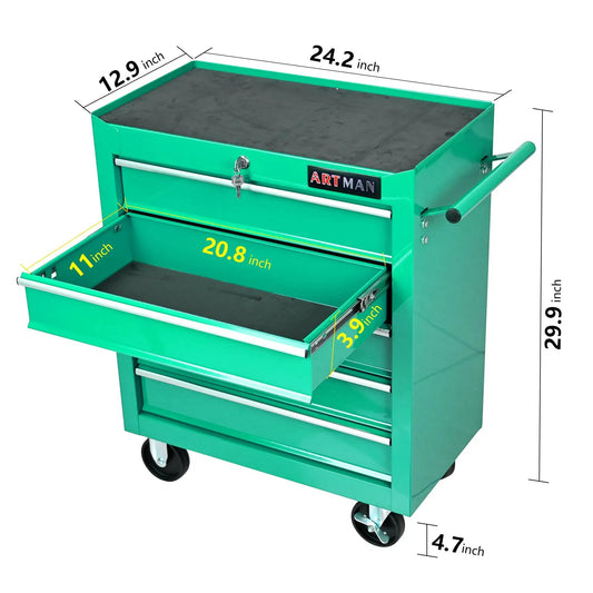 ARTMAN five-drawer tool cart on wheels, green metal with top work surface on Tampa Home & Garden Store