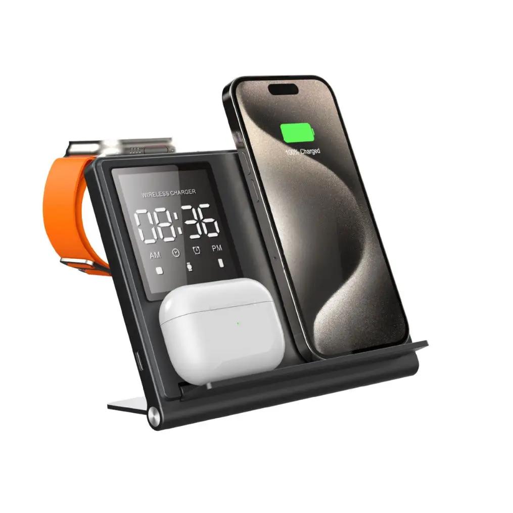 Productos de moda: Base de carga inalámbrica plegable con animación de píxeles 5 en 1 para teléfono móvil, reloj inteligente y auriculares