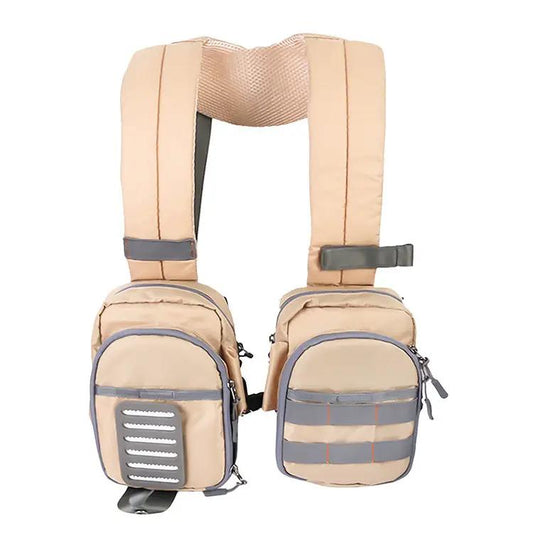 Unisex fly fishing chest pack tan with dual zip pockets, front tool-slot panel gray trim on Tampa Home & Garden Store