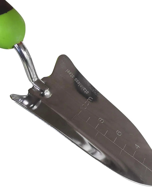 Garden Guru titanium transplanter trowel close-up with handle and stainless blade marks on Tampa Home & Garden Store