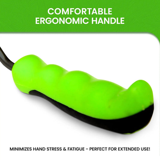 Stainless steel 5-tine rake cultivator tool with bright green ergonomic handle on Tampa Home & Garden Store