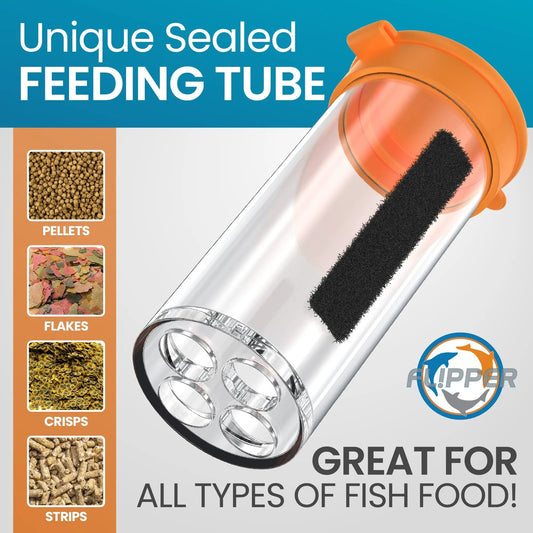 Flipper Feeding Kit for Cleaners; orange sealed tube with brush, shows pellets on Tampa Home & Garden Store