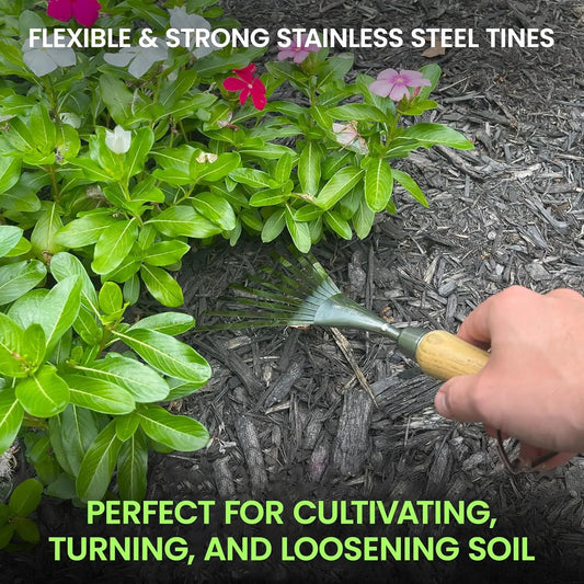 Garden Guru Eco Hand Rake with stainless steel tines and wood handle for cultivating soil on Tampa Home & Garden Store