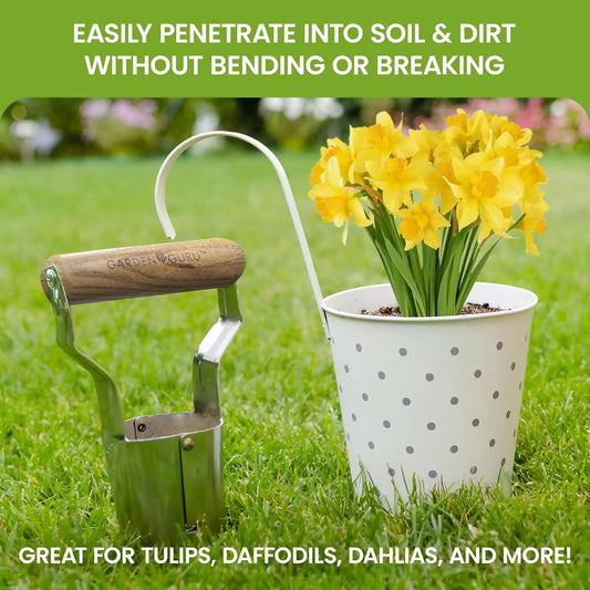 Garden Guru planting set with wooden trowel and transplanter beside a yellow daffodil pot on lawn on Tampa Home & Garden Store