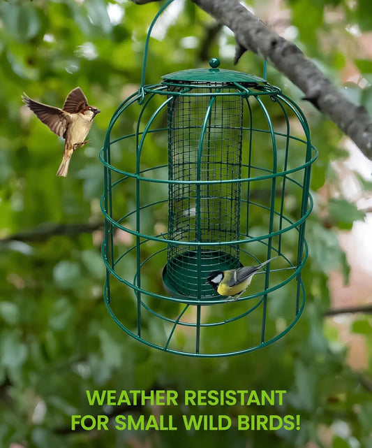 Squirrel Resistant Mesh Tube Bird Feeder Garden Guru, green metal hanging cage with mesh tube on Tampa Home & Garden Store
