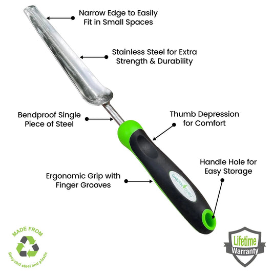 Garden Guru Seed Planting Trowel stainless steel blade and ergonomic green/black handle on Tampa Home & Garden Store
