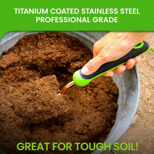Garden Guru titanium garden trowel with green/black grip for planting and weeding in soil on Tampa Home & Garden Store