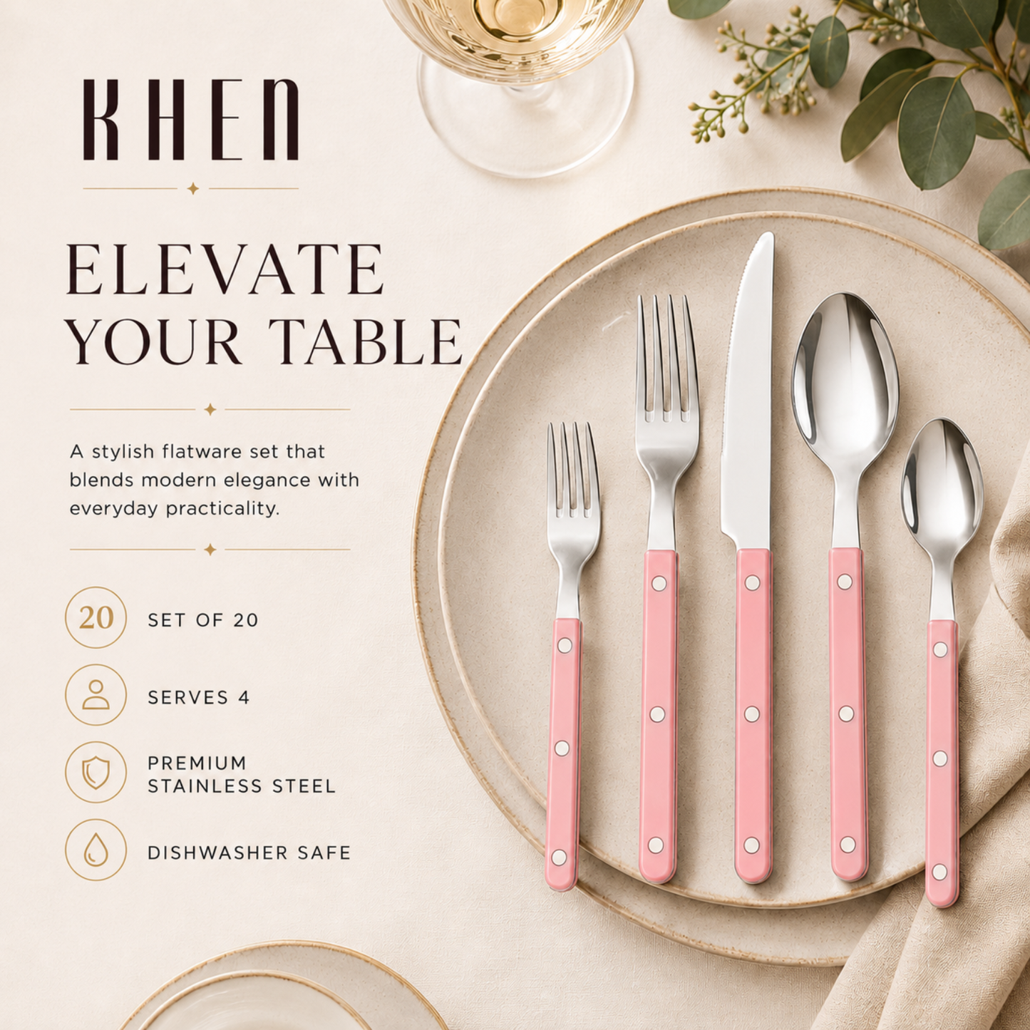 Khen Pink Stainless Steel Cutlery Set of 20
