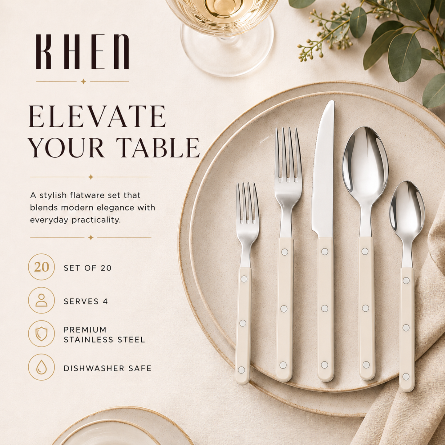 Khen Cream Set and 20 Stainless Steel Flatware