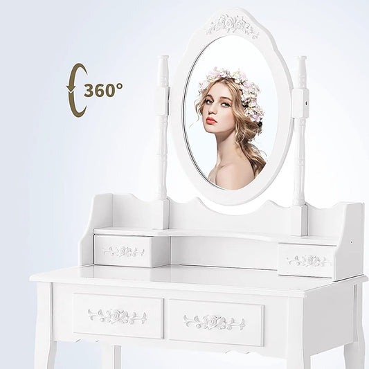 Vanity table set with oval mirror, white finish, 4 drawers, floral carved details on Tampa Home & Garden Store