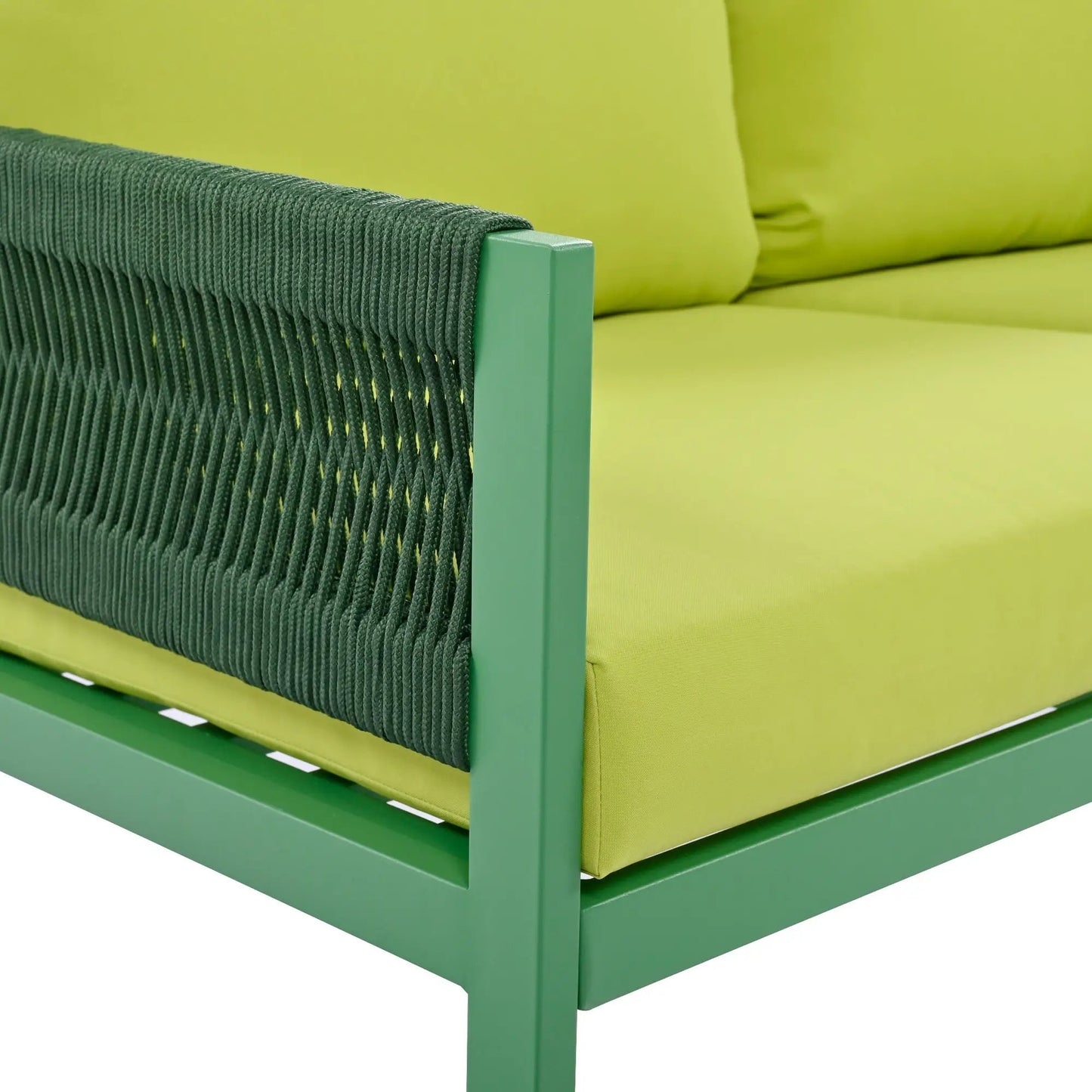 Muebles de exterior con mesa de cristal templado, sofá seccional profundo con cojines gruesos (amarillo y verde fluorescente)