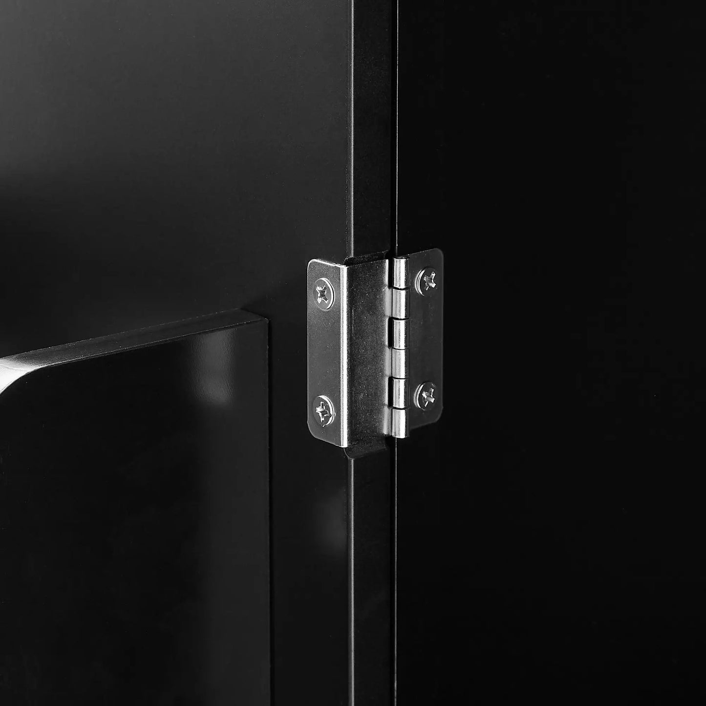 Elegant black bathroom floor storage cabinet hinge closeup with screws on cabinet edge on Tampa Home & Garden Store