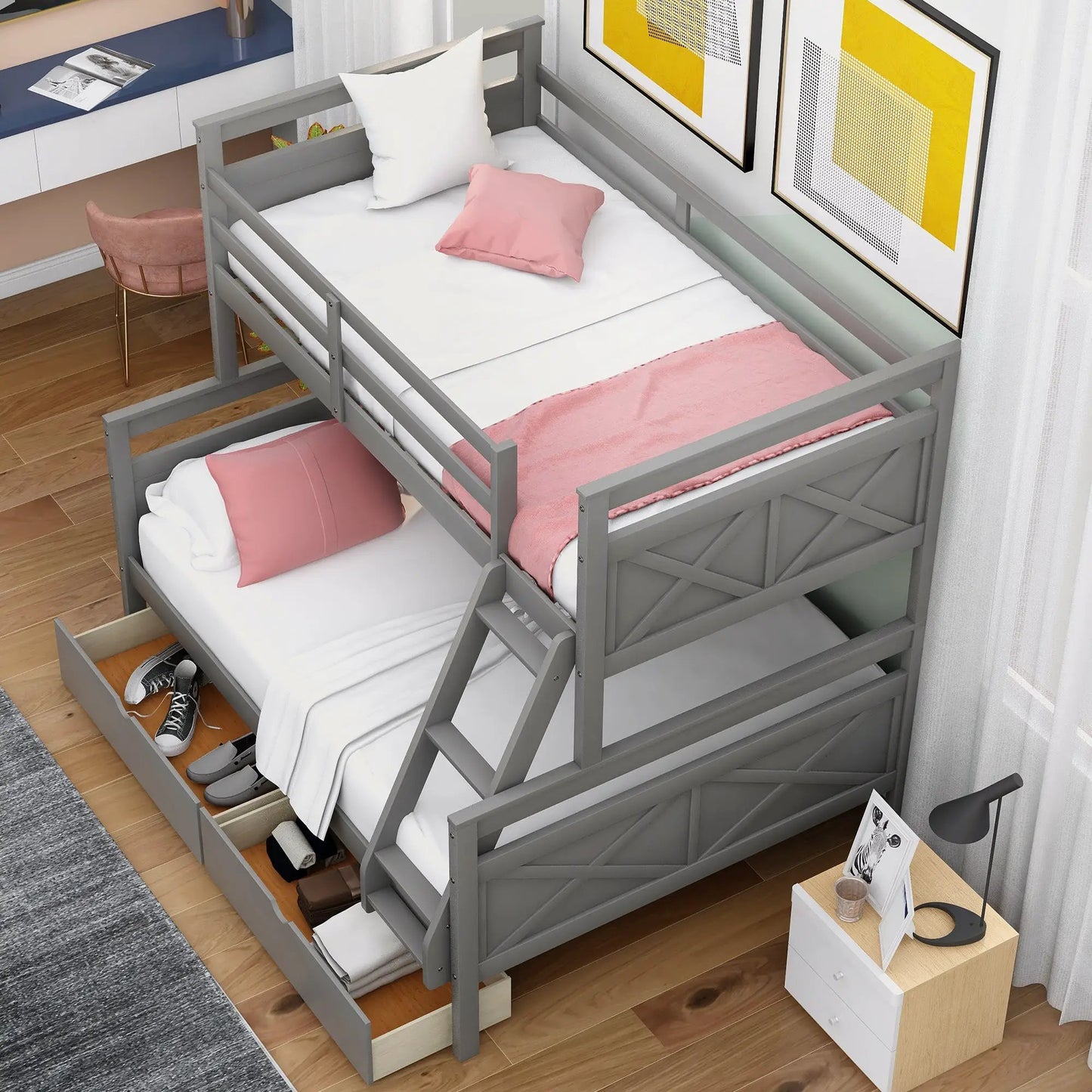 Twin over full bunk bed in gray with built-in ladder and under-bed storage drawers bedding on Tampa Home & Garden Store