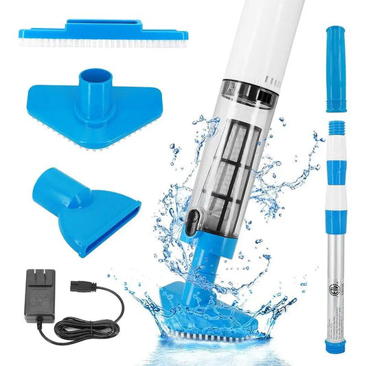 Rechargeable Handheld Pool Vacuum with 5 blue attachments and charger on Tampa Home & Garden Store