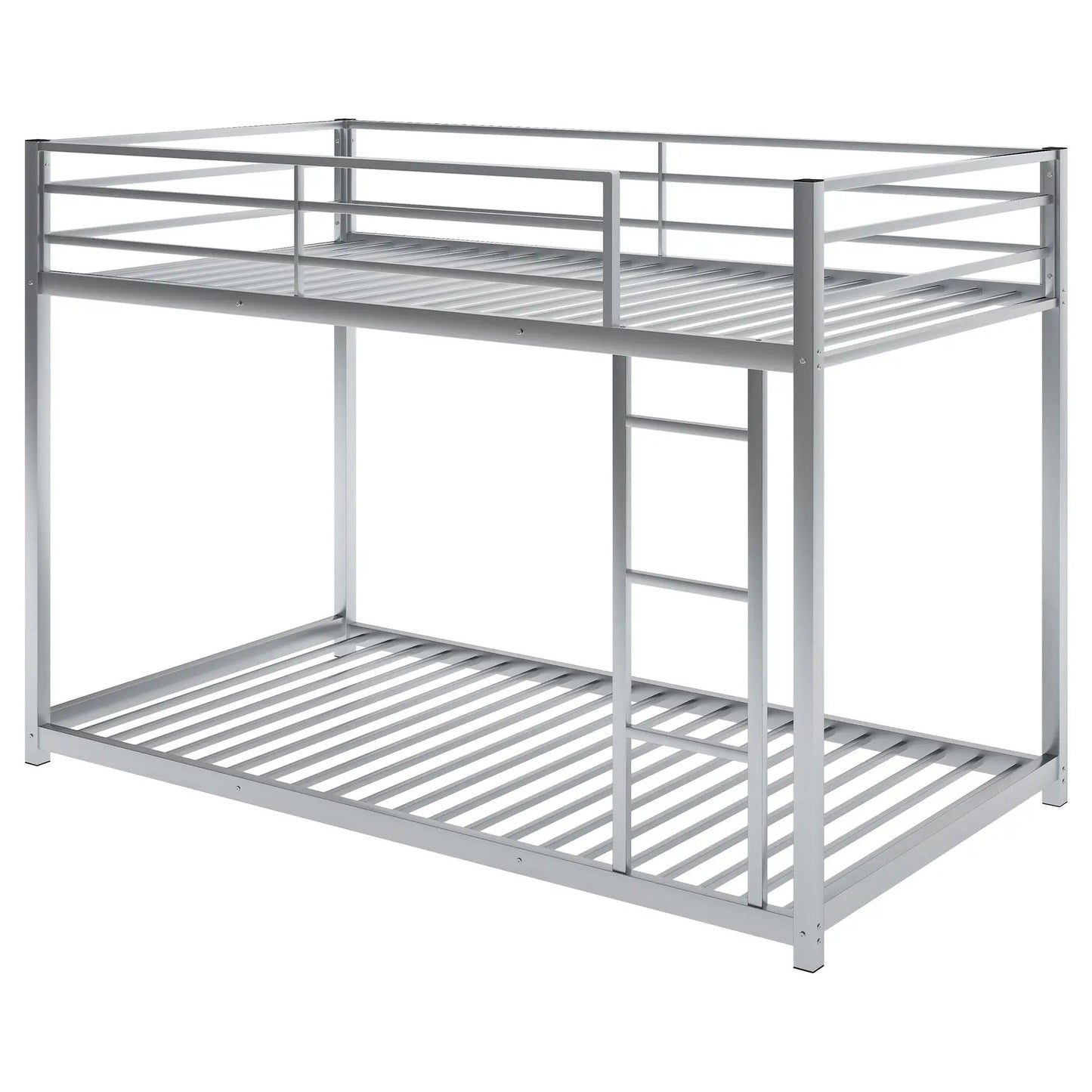 Twin over twin metal bunk bed frame in silver with built-in ladder and guard rails on Tampa Home & Garden Store