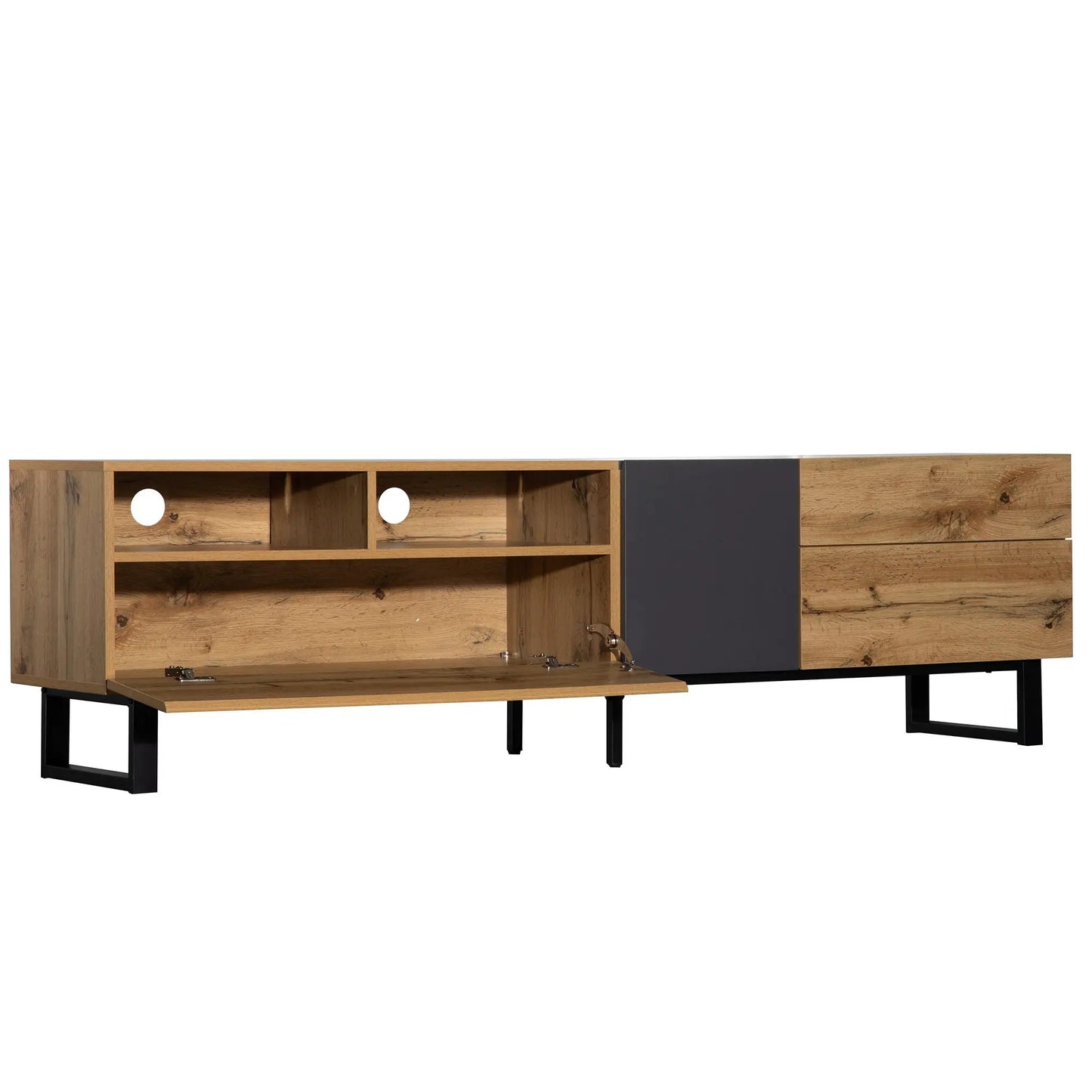 Modern oak TV stand for 80 inch TV with open cubbies and a dark panel, metal legs on Tampa Home & Garden Store