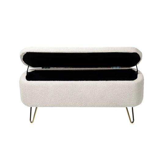 Ivory white storage ottoman bench with gold legs; lid opens to reveal storage on Tampa Home & Garden Store