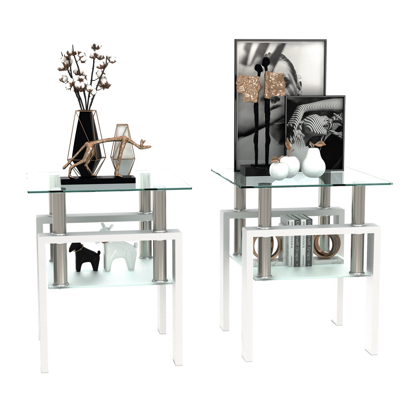 Lot de 2, Table Basse de Salon Carrée en Verre Trempé Moderne, Transparent/Blanc