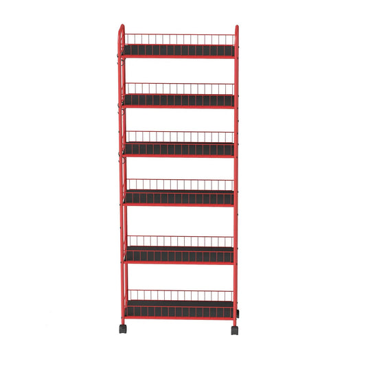 Red 6-tier slim rolling storage cart with wheels, black shelves and wire sides on Tampa Home & Garden Store