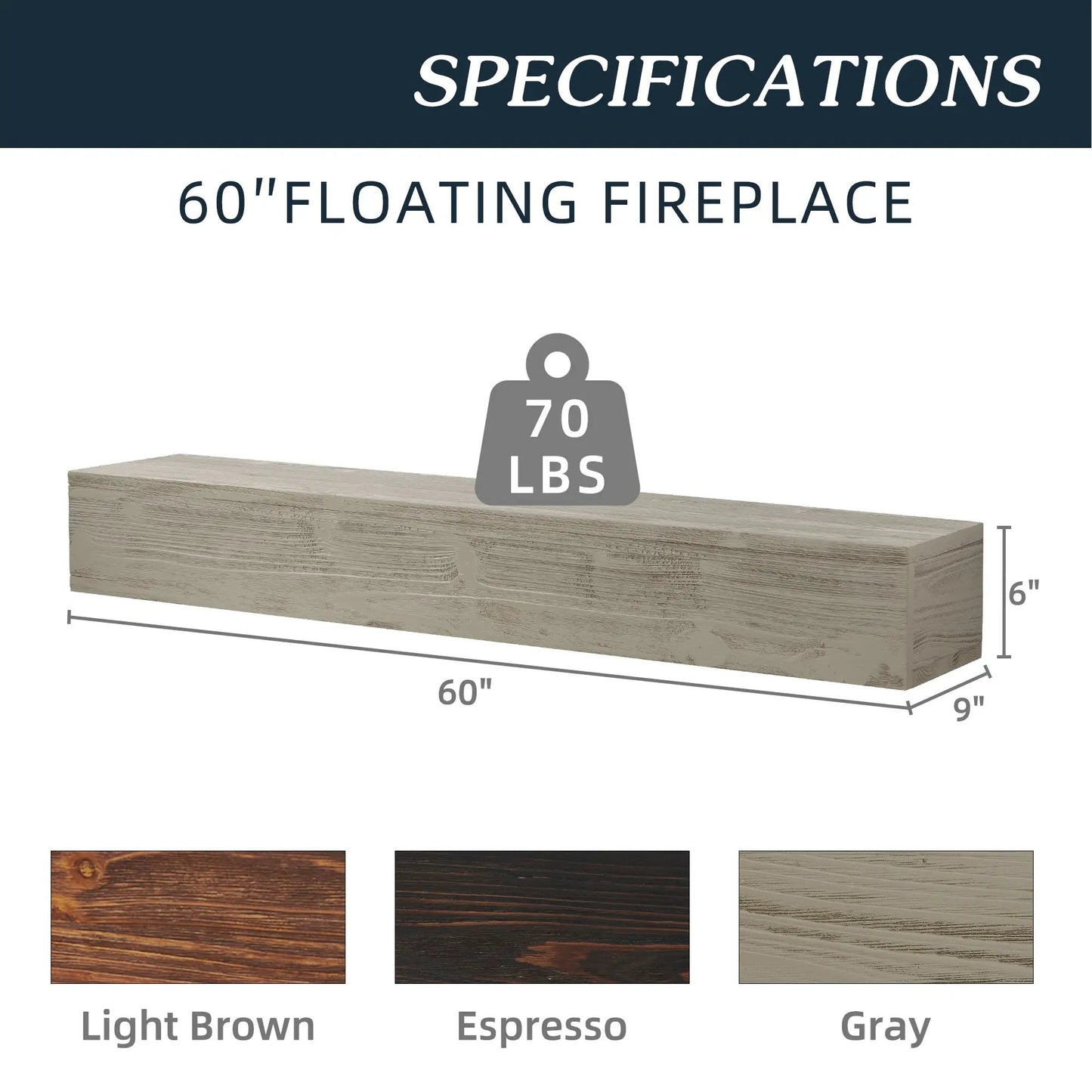 Repisa de chimenea de madera rústica de 60", estante flotante y montado en la pared para decoración del hogar, gris