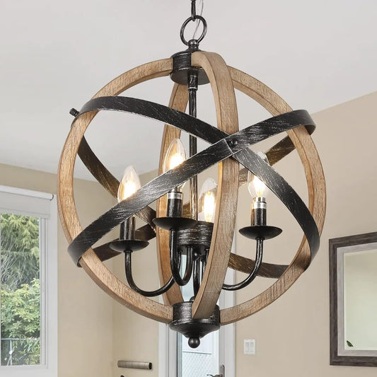 Farmhouse Chandelier 4-Light dining room fixture with wood rings and black metal bands on Tampa Home & Garden Store