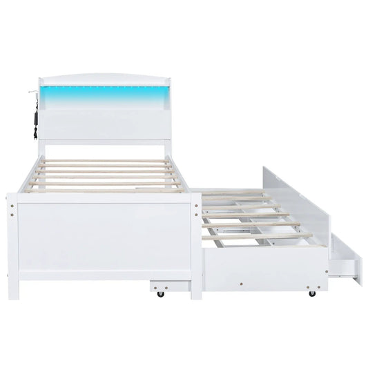 Twin Size Platform Bed with Storage LED Headboard, white finish, wood slat base, blue LED glow on Tampa Home & Garden Store