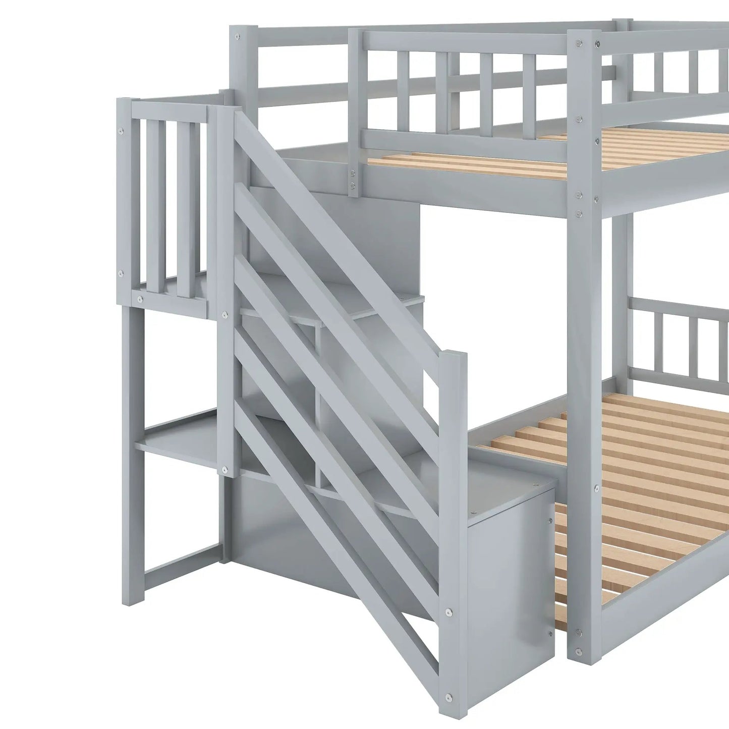 Twin Over Twin Floor Bunk Bed with Storage gray with staircase on Tampa Home & Garden Store