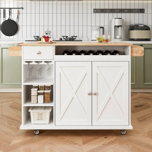 44in kitchen island cart with solid wood top, white finish, wine rack and glasses on Tampa Home & Garden Store