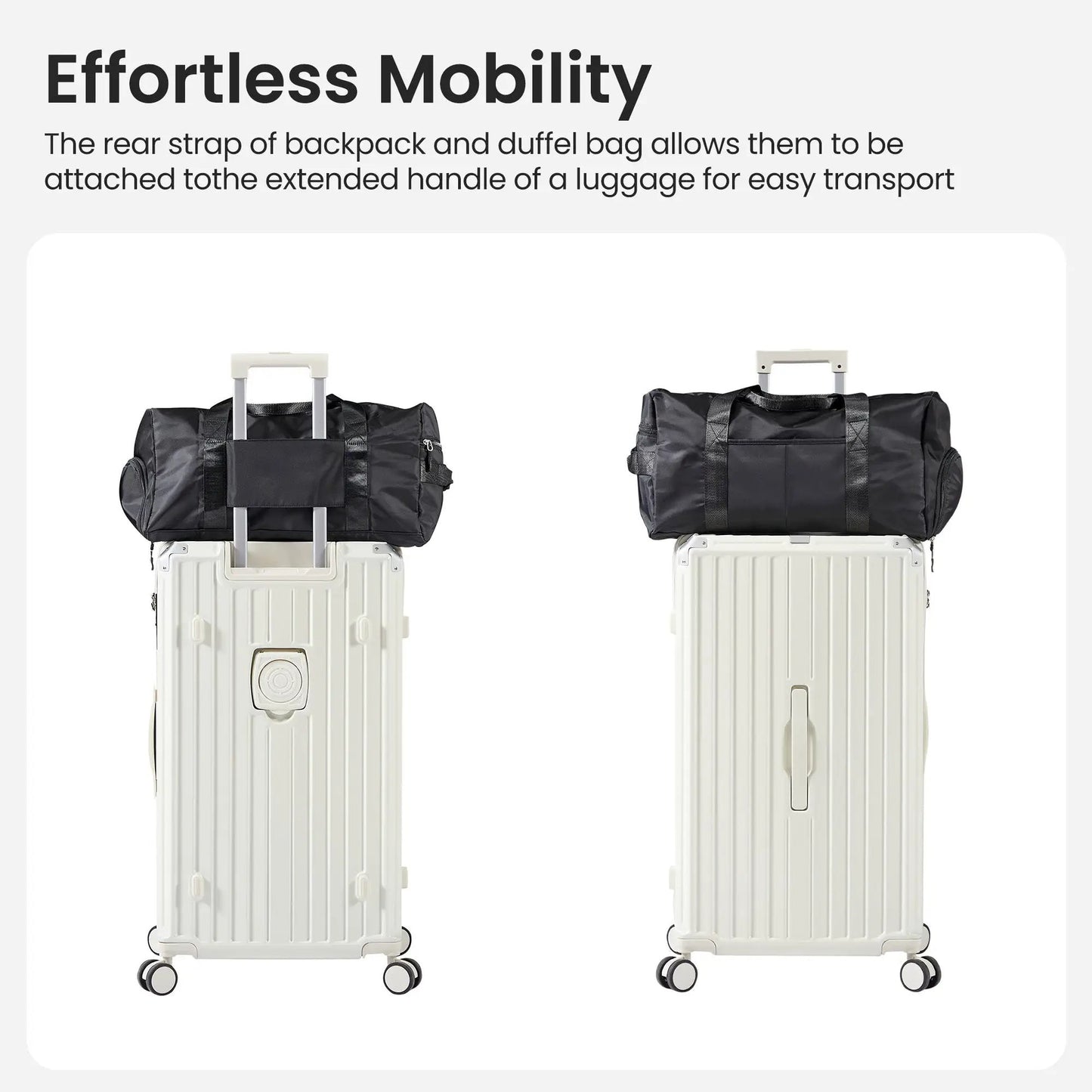 4-Piece Luggage Set White TSA Lock two white hard-shell suitcases with black duffel bags on top on Tampa Home & Garden Store