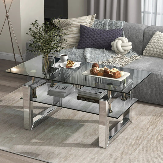 Transparent Tempered Glass Coffee Table with chrome legs in a modern living room on Tampa Home & Garden Store