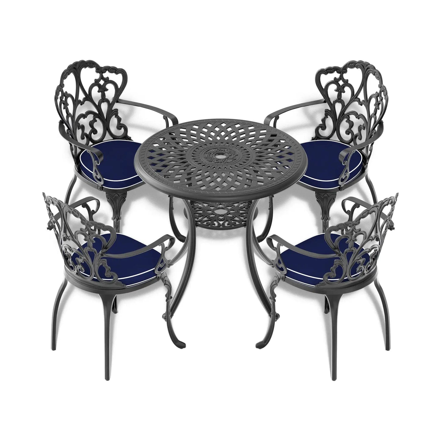 30.71-Inch cast aluminum patio table with umbrella hole and four chairs with blue cushions on Tampa Home & Garden Store