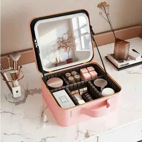 Organizador de tocador con luz, estuche de maquillaje portátil con espejo y luz LED