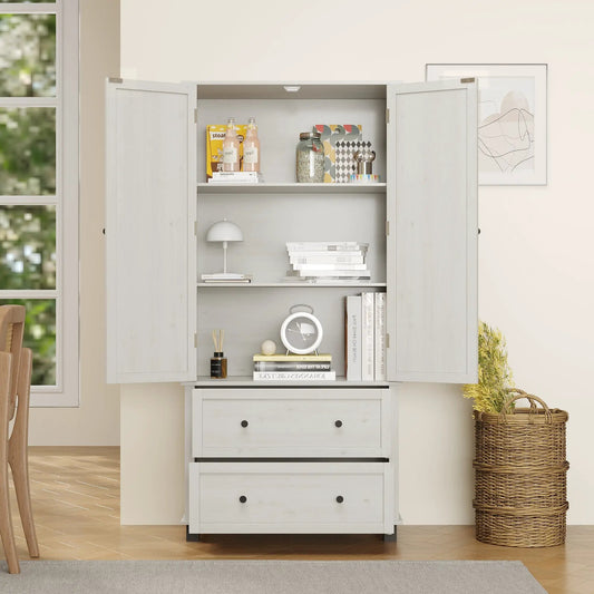 Light gray wooden 70-inch pantry cabinet with 2 drawers and 3 shelves on Tampa Home & Garden Store