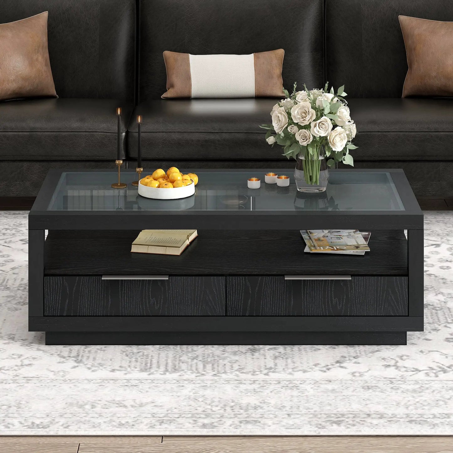 Mesa de centro moderna de madera U-Can con 2 cajones y mesa de centro de exhibición minimalista con vidrio templado transparente
