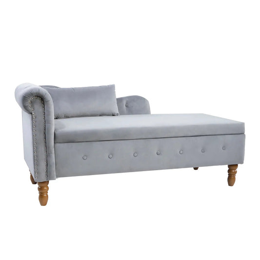 Grey velvet chaise lounge with storage and bolster pillow, nailhead trim, wooden legs on Tampa Home & Garden Store