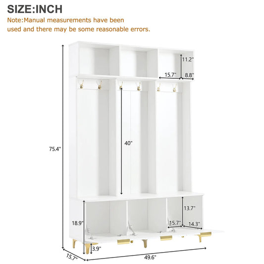 White and gold modern hall tree with bench, hooks and cubbies; large white entry organizer on Tampa Home & Garden Store