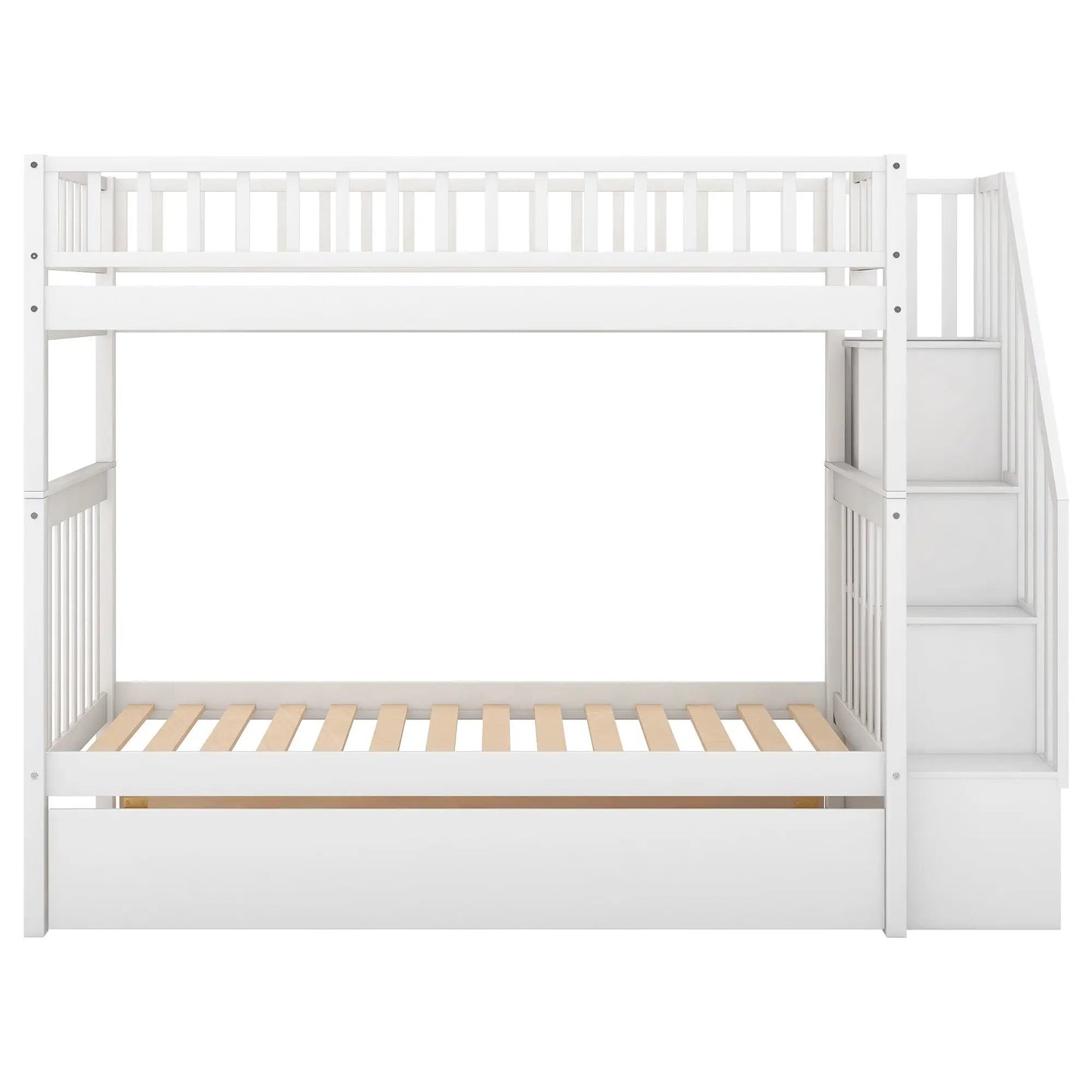 White wooden twin over twin bunk bed with trundle storage and built-in staircase on Tampa Home & Garden Store