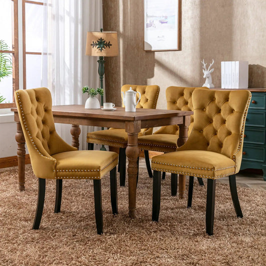 Golden velvet tufted solid wood dining chair set, 4 chairs with nailhead trim and black legs on Tampa Home & Garden Store
