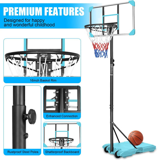 Portable basketball goal with wheels, 16-inch rim, rustproof steel poles, shatterproof backboard on Tampa Home & Garden Store