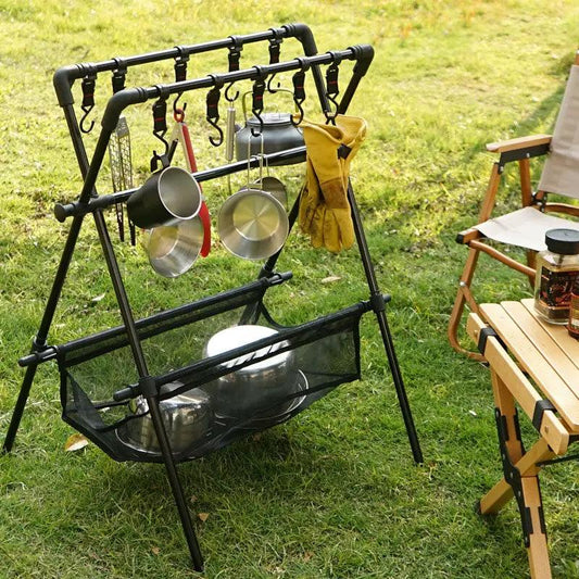 Outdoor folding camping shelf with mesh rack and pot hooks, black metal frame holds pots and pans on Tampa Home & Garden Store