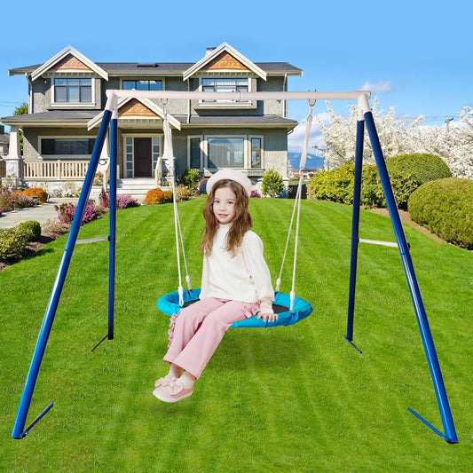 Metal swing stand with saucer swing, blue frame and blue saucer seat with a child in a front yard on Tampa Home & Garden Store